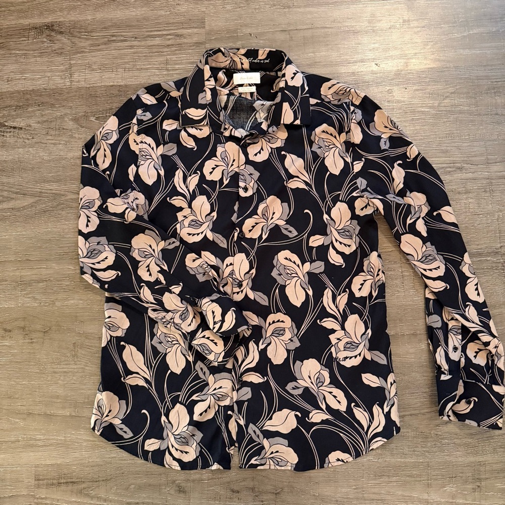Porter And Ash Button Front Shirt Black Tan Floral Pattern Women’s Size XL